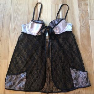 Victoria’s Secret Black Lace Pink Satin Cups Tie Front Babydoll Lingerie